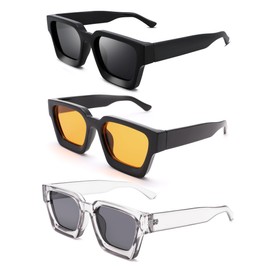 Pro Acme Square Sunglasses for Men Women,Thick Frame Sun Glasses Simple Designer Style Shades(Black + Black Orange + Translucent Grey)