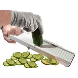 Benriner Mandolin Vegetable Slicer 64 mm White with Julienne Replacement Blades and Finger Guard without Engraving + Prymo Protective Glove
