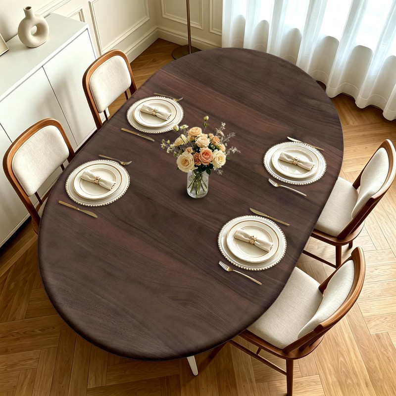 Wood Grain Fitted Oval Tablecloth, Elastic Edge Design, Polyester Material,