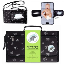 Happy Grey Elephant Baby Changing Pad with Shoulder Strap - Diaper Changing Mat with Built in Head