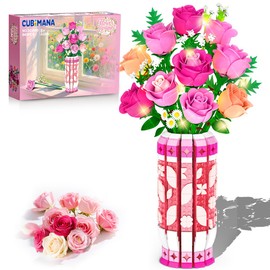 CUBIMANA Romantic Pink Roses Bouquet Building Set with Vase & LED Light, 845PCS Flowers Botanical 3.6MM Mini Building Blocks Toys, Gifts for for Her, Artificial Flowers for Office Home Decor & Display