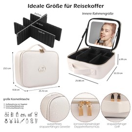 MOMIRA Makeup Bag with Mirror and Light Travel Makeup Train Case Cosmetic Bag Organizer Portable Artist Storage Bag with Adjustable Dividers Makeup Brushes Storage Organizer Creamy-white