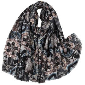 WaJuemy Travel Boho Scarf for Women Casual Lightweight Pashmina Scarves Fashion Multicolor Shawl Wraps with Fringed Beads (26 Black Floral)