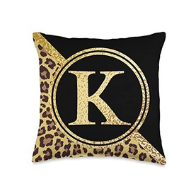 Initials K Monogram Leopard Print Skin Pattern on Black Throw Pillow