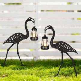 Flamingo Metal Garden Stakes Decorative 2Pack,Solar Lights Outdoor Garden Decor Stake,Birthday Gifts for Mom Women,Decorative Metal Housewarming Ornament for Lawn Patio Yard Pathway Black.