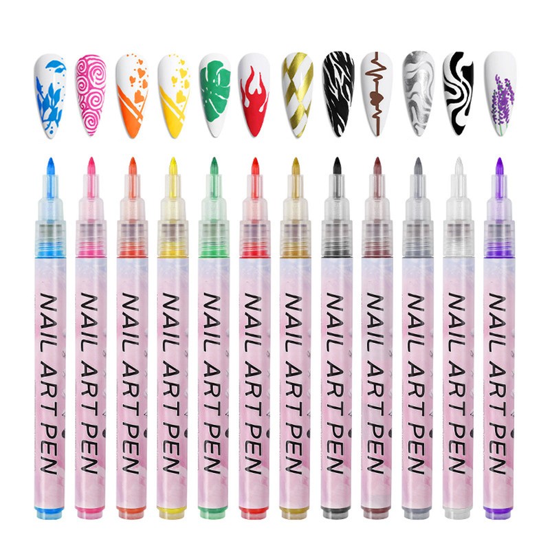 12Pcs 3D Nail Polish Pens 0.5mm Tip Bright Colors Easy