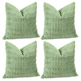 Sungeek Set of 4 Soft Corduroy Decorative Cushion Covers 50x50cm Square Striped Throw Pillow Covers 20x20 Inch for Sofa Couch Living Room Patio Farmhouse Boho Home Decor Pillowcases (Sage Green)