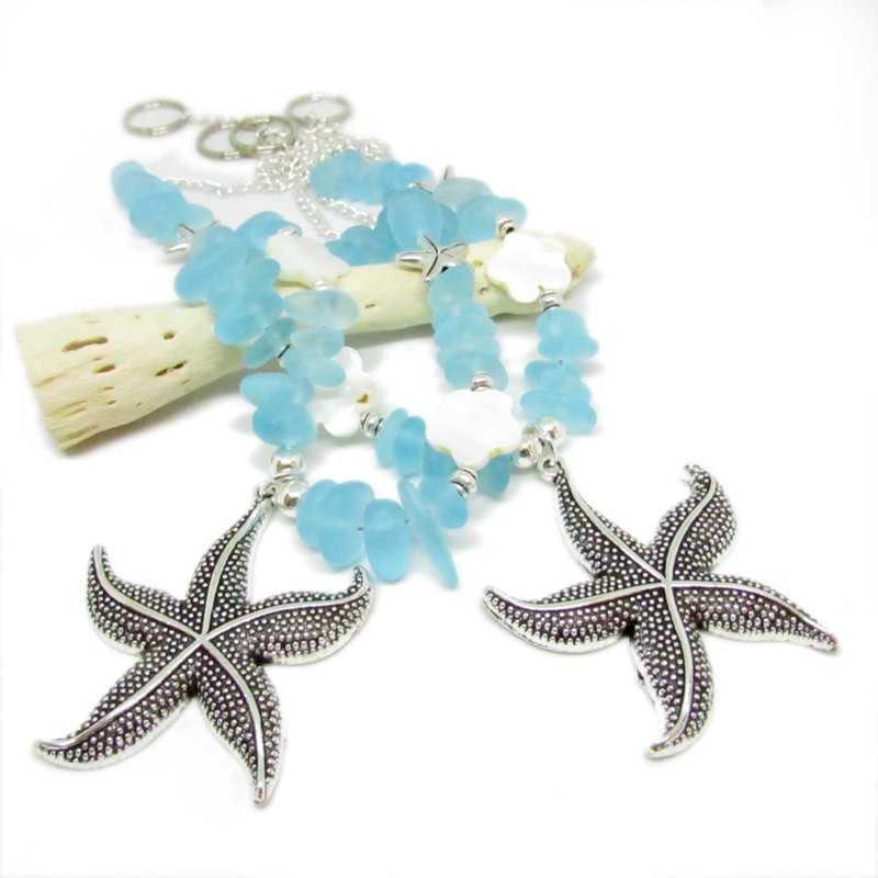 Starfish Curtain Tie Backs with Ocean Blue Sea Glass Beads,