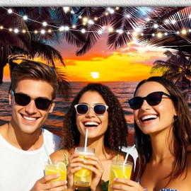 Summer Beach Background 7 x 5 ft Tropical Seaside Sunset Scene Backdrop Hawaiian Palm Tree Photo Props Aloha Luau Party Decorations Photography Supplies