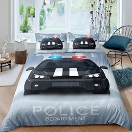 Feelyou Boys Duvet Cover Cartoon Police Car Bedding Set Vehicles Print Comforter Cover for Kids Children Teens Bedroom Decor Policeman Bedspread Cover Modern Queen Size with 2 Pillow Case