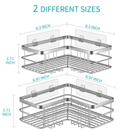 Yazoni Corner Shower Caddy 2-Pack, No Drilling Shower Organizer Corner Shelf for Bathroom Tub, Stainless Steel Shower Caddy Corner Shelf for Bathroom Kitchen(Silver)