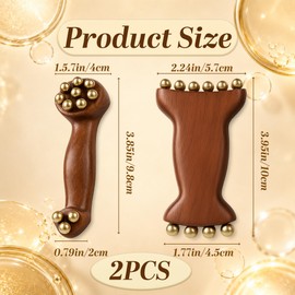 Sandalwood Brass Bead Face Massager and Lymphatic Drainage Tool, Painless Hot and Cold Gua Sha Set for Wrinkles, Puffy Eyes and Muscle Relief during Daily Skincare, 2 Pcs Wood and Brass Massagers