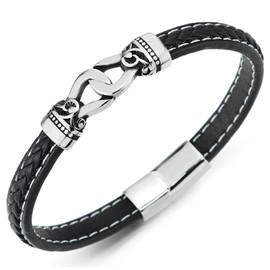 COOLSTEELANDBEYOND Vintage Infinity Knot Leather Bracelet Stainless Steel Black Braided Leather Sweatband Bangle Men Women, Black leather, No gemstone