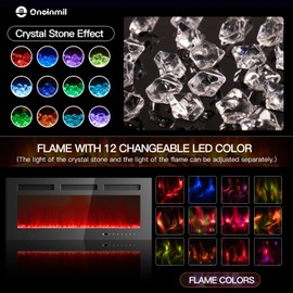 oneinmil 40 Inches Electric Fireplace Recessed and Wall Mounted, Fireplace Heater with Touch Screen and Remote Control, Adjustable Flame Color, 750w/1500w, Black