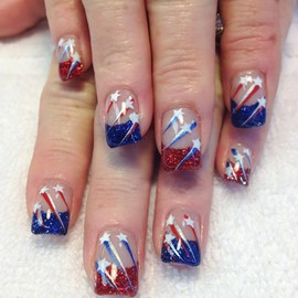 4th of July Press on Nails Short Square False Nails with Patriotic Star French Tip Design Independence Day Acrylic Fake Nails Fourth of July Nude Nail Holiday Party Salon Manicure for Women