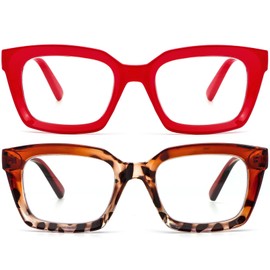 REAVEE 2 Pack Oprah Style Oversized Reading Glasses for Women Men Blue Light Blocking, Ladies Stylish Retro Square Large Computer Readers (Red/Brown Leopard 2.5x)