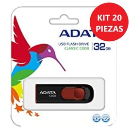PSA Kit 20 Piezas Unidad Flash USB ADATA Serie C008 32 GB Modelo AC008-32G-RKD Color Negro con Rojo Pack de Flash Drives Deslizantes COMPUTO Y PAPELERIA