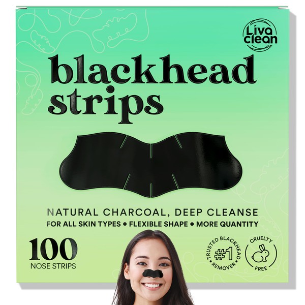 LivaClean (100 Strips) Charcoal Blackhead Remover Pore Strips for Face Nose Pores - Blackheads Removal - Blackhead Removers - Blackhead Remover Strip - Black Head Nose Strips Black Head Remover