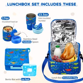 Pawtong Lunch Box Set with Bento Box Container, 17OZ Stainless Steel Food Soup Thermo, Kids Water Bottle & Portable Insulated Lunch Bag, Leakproof, Hot/Cold Retention for School, Travel (Dinasour)