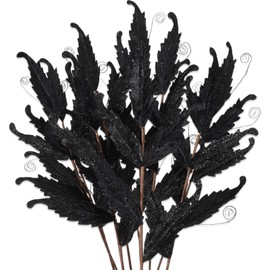 HyDren 10 Pcs 27" Christmas Glitter Leaves Large Ornaments for Christmas Tree Picks Sprays Artificial Stems Branches Twigs Sprigs Floral for Xmas Tree Wreath Garland Vase DIY Decor(Black)