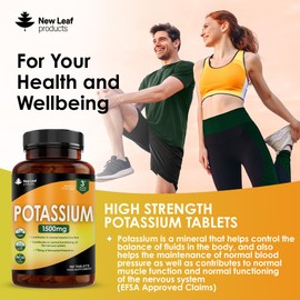 NEW LEAF PRODUCTS Potassium Supplements High Strength - 180 Vegan Potassium Tablets Mineral Electrolytes Supplement Contributes to Normal Muscle Function, Nervous System - Gluten-Free, Non-GMO, Made in UK by New Leaf