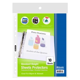 BAZIC Sheet Protectors Standard Weight, Fit 8.5x11 Inch Paper, 11 Hole Clear Plastic Sleeves Ring Binder Sheets, Archival Safe (10/Pack), 1-Pack