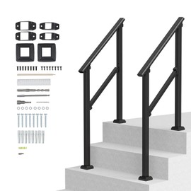 VEVOR Handrails for Outdoor Steps, 2 PCS 2 Step Stair Hand Rail Kit, Transitional Carbon Steel Railings with Installation Kit, Stair Rails for Seniors, Concrete & Porch & Deck, Black Square Tube
