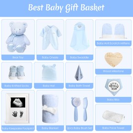 iAOVUEBY Baby Boy Gifts, Baby Shower Gifts - Newborn Bear Toys Rattle Blanket Infant Shoes Onesie Wooden Keepsake Babies Registry Gift Essentials Basket, Unique New Baby Gift Set for Boys 0+ Months