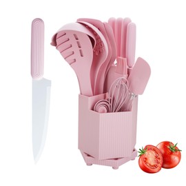 Kitchen Knife Set, 22PC Silicone Kitchen Utensil Set and Pink Shovel Spoon, Non-stick Sharp Stainless Steel Chef Knife Set with Rotation Knife Block