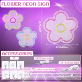 Baquler 3 Pcs Flower Neon Sign LED Light Signs USB Powered Retro Flower Shaped Light up Sign for Wall Bedroom Home Shop Dormitory Wedding Birthday Party Decoration Girls, 9 x 9 Inches (Classic)