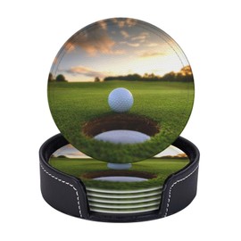 Funny Golf Scenery Coasters for Drinks Round Leather Coaster with Holder Set of 6 for Tabletop Protection Desk Accessories Office Home Room Decor