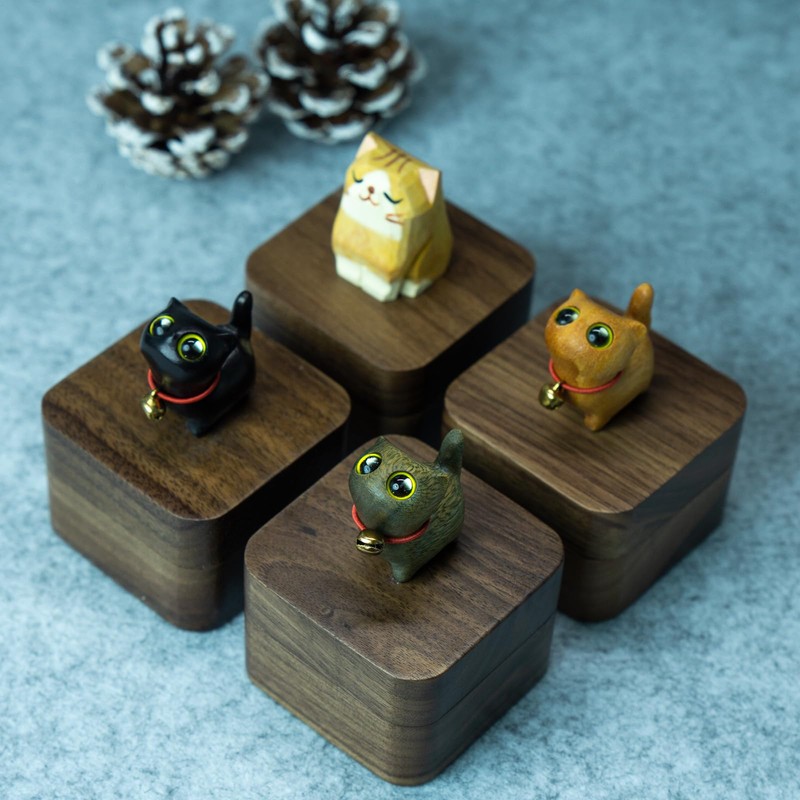 Tentogala Hand-Carved Cat Wooden Ring Box - Magnetic Closure Wedding