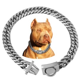 BAOBOTE Silver Chain Dog Collar,16MM 18K Silver Heavy Duty Cuban Link Collar with Secure Snap Buckle Silver Dog Chain Metal Collar Chew Proof for Dogs(22" Silver)