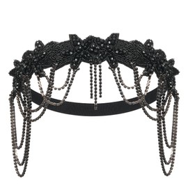 HPMAISON 20er Jahre Haarschmuck 1920er Stirnband Great Gatsby Zubehör Brüllender Fascinator Kopfschmuck Damen Gatsby Kopfbedeckung Charleston Vintage Thematische Party Kostüm Schwarze Fransen