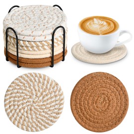 Set of 8 Coasters for Drinks, Round Woven Coaster Cotton Woven Coaster,Absorbent Drink Coasters,Handmade Braided Fabric Coasters,Water Absorbent Coaster Set with Holder