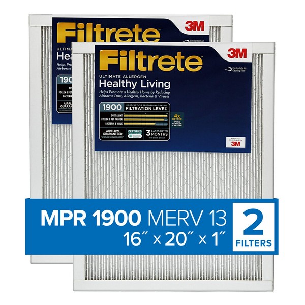 Filtrete 16x20x1 Furnace Air Filter MPR 1900 MERV 13, Healthy Living Ultimate Allergen, 2-Pack (exact dimensions 15.719 x 19.719 x 0.78)
