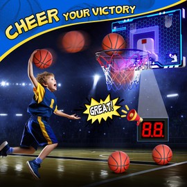 HopeRock Indoor Mini Basketball Hoop for Kids, Basketball Hoops Over The Door with LED Lighting, Mini Hoop with Scoreboard & 3 Balls, Basketball Toys Gifts for 5 6 7 8 9 10 11 12 Year Old Boys Girls