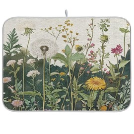 Vintage Spring Dandelion Herbs Dish Drying Mat for Kitchen Summer Seasonal Wild Flower Floral Dishes Mats Pad Absorbent Drying Mats Fast Dry Dish Drainer Mats for Counter 16x18 Coffee Mats Decor