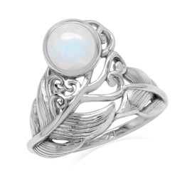 Silvershake 6MM Natural Round Shape Rainbow Moonstone White Gold Plated 925 Sterling Silver Feather Victorian Style Ring June Gemstone Birthstone Size 11