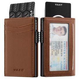 VULKIT Men's Wallet with ID Window Premium Leather Wallets RFID Blocking Minimalist Wallet Pop Up Card Holder Magnetic Closure