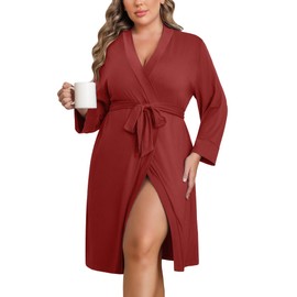 Ekouaer Women Plus Size Robe Knee Length Lightweight Bathrobe Short Kimono Robes with Pockets Maternity Robe Red 2X