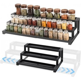 Gewürzregal Ausziehbar 3 Stufig, Erweiterbares Spice Rack aus Metall, Küchen Organizer für Schrank & Arbeitsplatte, Gewürzhalter mit Anti-Rutsch Füßen, Schwarz
