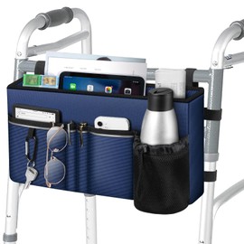 FINPAC Large Walker Tote Bag with Cup Holder, Folding Walker Attachment Hands-Free Storage Basket Mobility Aid Accessory Pouch for Elderly, Senior, Navy Blue