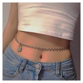 Inilbran Lock Pendant Waist Chain Silver Padlock Thick Chain Belly Chains Vintage Cuban Link Body Chain Punk Waist Body Chain Jewelry for Women and Girls