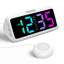 Netzu Loud Alarm Clock for Heavy Sleepers, Vibrating Alarm Clock with Bed Shaker, RGB Led Display, Dual Alarm, 5 Dimmers, 4 Volumes, Bedside Clocks for Hearing Impaired Elderly Teens (White)