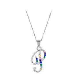 Tuscany Silver Sterling Silver Rhodium Plated Multicolor CZ Initial Pendant on Sterling Silver Rhodium Plated Adjustable Curb Chain 42cm/16.5'-45cm/17.75', Silver