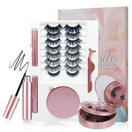 Pestañas Postizas Magneticas, 10 Pares Pestañas Postizas Naturales 3D con 2 Delineador Magnético y Pinza, Con Espejo, Pestañas Magnéticas Reutilizables,Impermeables, No Necesita Pegamento