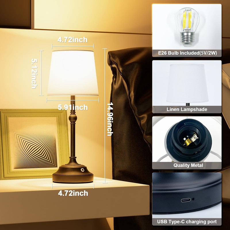 VOLISUN Cordless Table Lamp, 5200mAh Battery Operated Lamp, Touch Dimmable