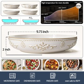 Artena Pasta Bowls, 50oz Large Salad Serving Bowls, 9.75'' Plates Bowls Set of 4, Big White Ceramic Soup Bowls for Kitchen, Embossment Shallow Dinner Bowl, Microwave Dishwasher Safe, Damask Floral