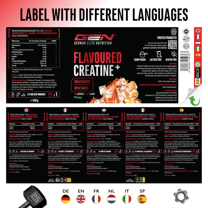 Flavoured Creatine Pulver - 550g - Creatin Monohydrat + L-Taurin